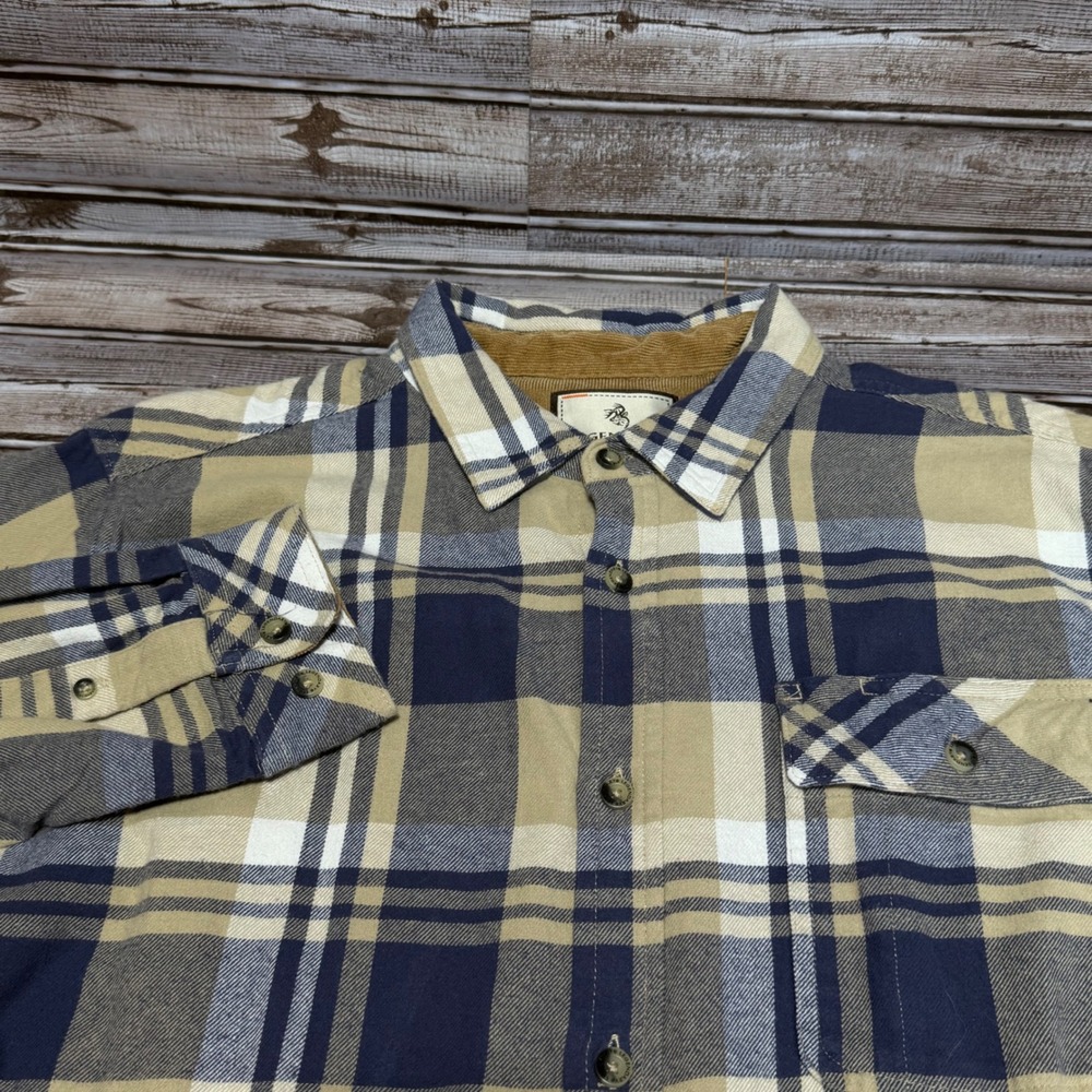 Legendary Whitetails Buck Camp‎ Flannel Mens Large Tan Blue Plaid Corduroy Trim